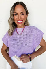 Lavendula Solid Color Ribbed Trim Pointelle Knit Top - Femstylo