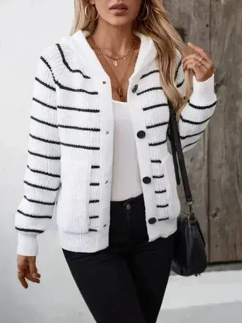 Striped Button Up Long Sleeve Hooded Cardigan - Femstylo