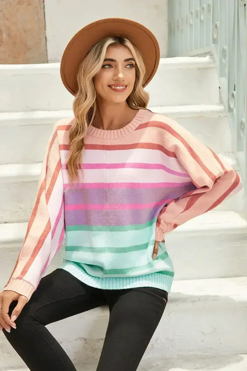 Multicolour Striped Ribbed Edge Gradient Loose Sweater - Femstylo