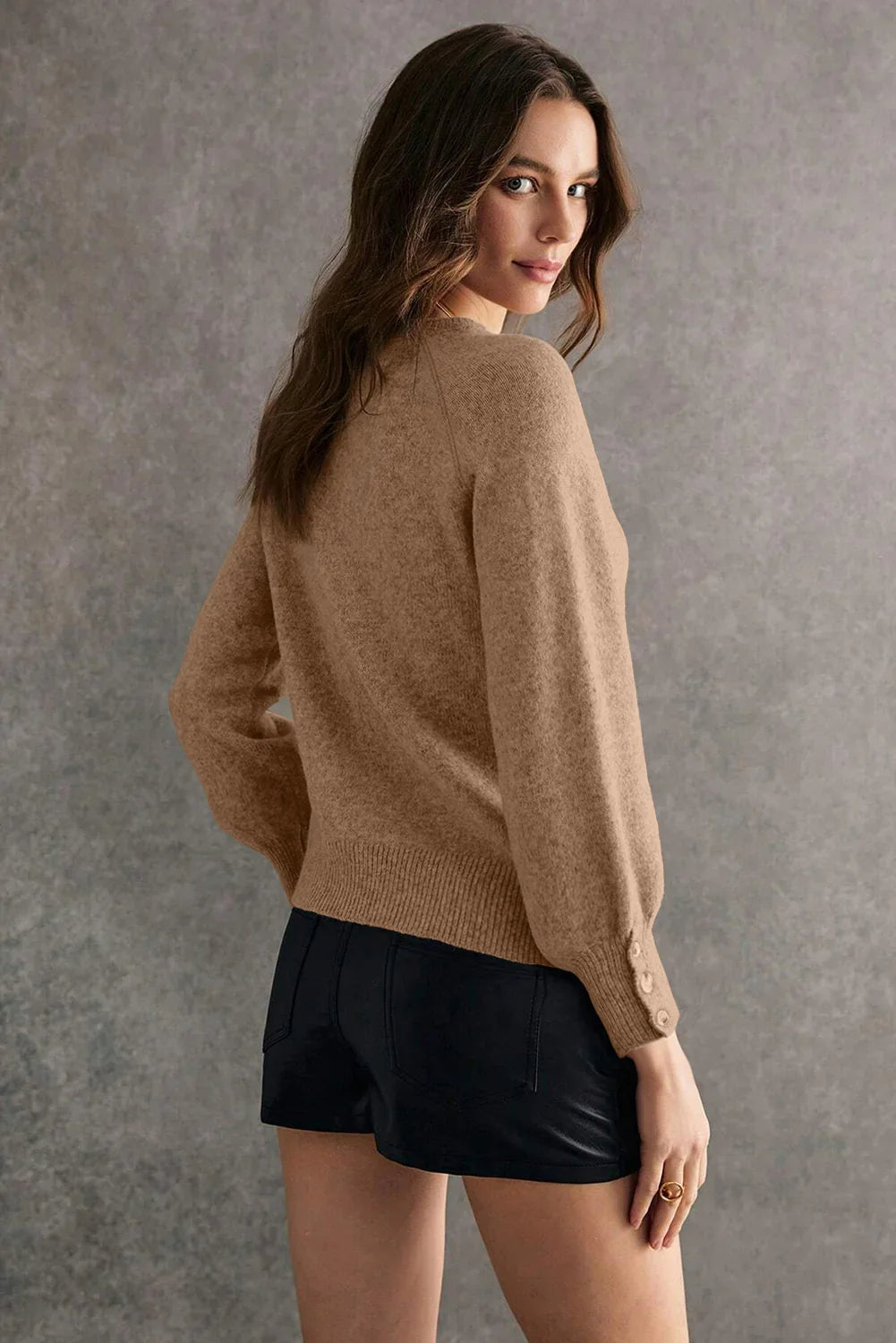 White Buttoned Cuffs Raglan Sleeve Knit Sweater
