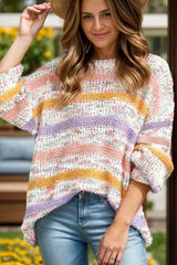 Contrast Stripes Round Neck Long Sleeve Sweater - Femstylo