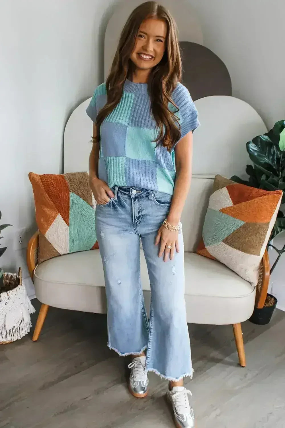 Light Blue Checkered Color Block Crew Neck Short Sleeve Sweater - Femstylo