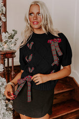 Black Plaid Lace-up Detail Christmas Holiday Puff Short Sleeve Sweater