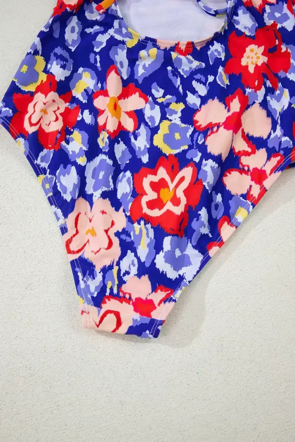 Pink Floral Ruffle Trim V Neck Backless One Piece Swimsuit - Femstylo
