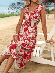 Smocked Surplice Midi Dress - Viscose Flowy Dress | Femstylo
