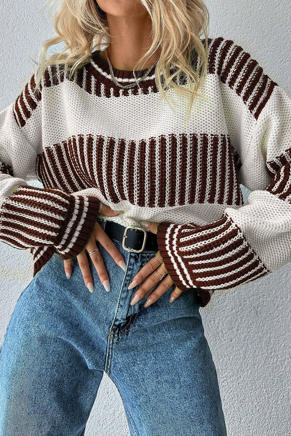 Brown Two Tone Striped Patchwork Drop Shoulder Sweater