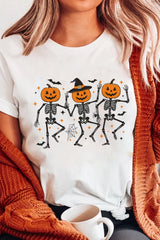 White Halloween Pumpkin Skeleton Graphic Heat Transfer Printing Cotton Blend Tee