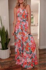 Multicolour Floral Print Halter Neck Wide Leg Jumpsuit - Femstylo