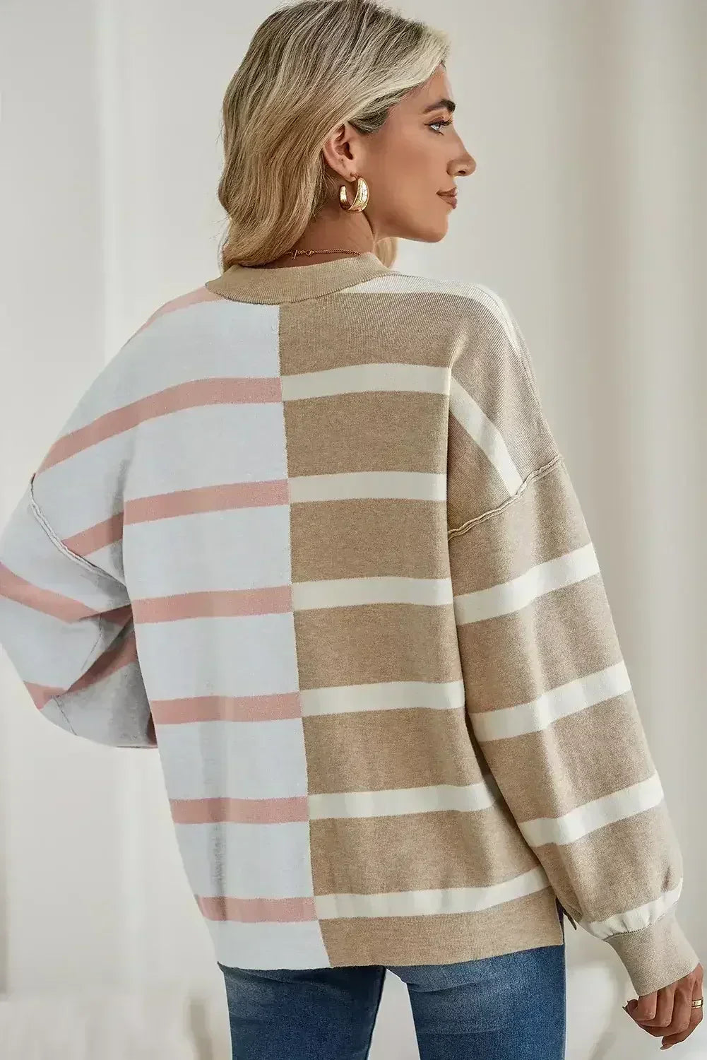 Pink Striped Patchwork Drop Shoulder Sweater - Femstylo