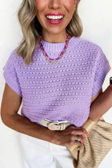 Lavendula Solid Color Ribbed Trim Pointelle Knit Top - Femstylo