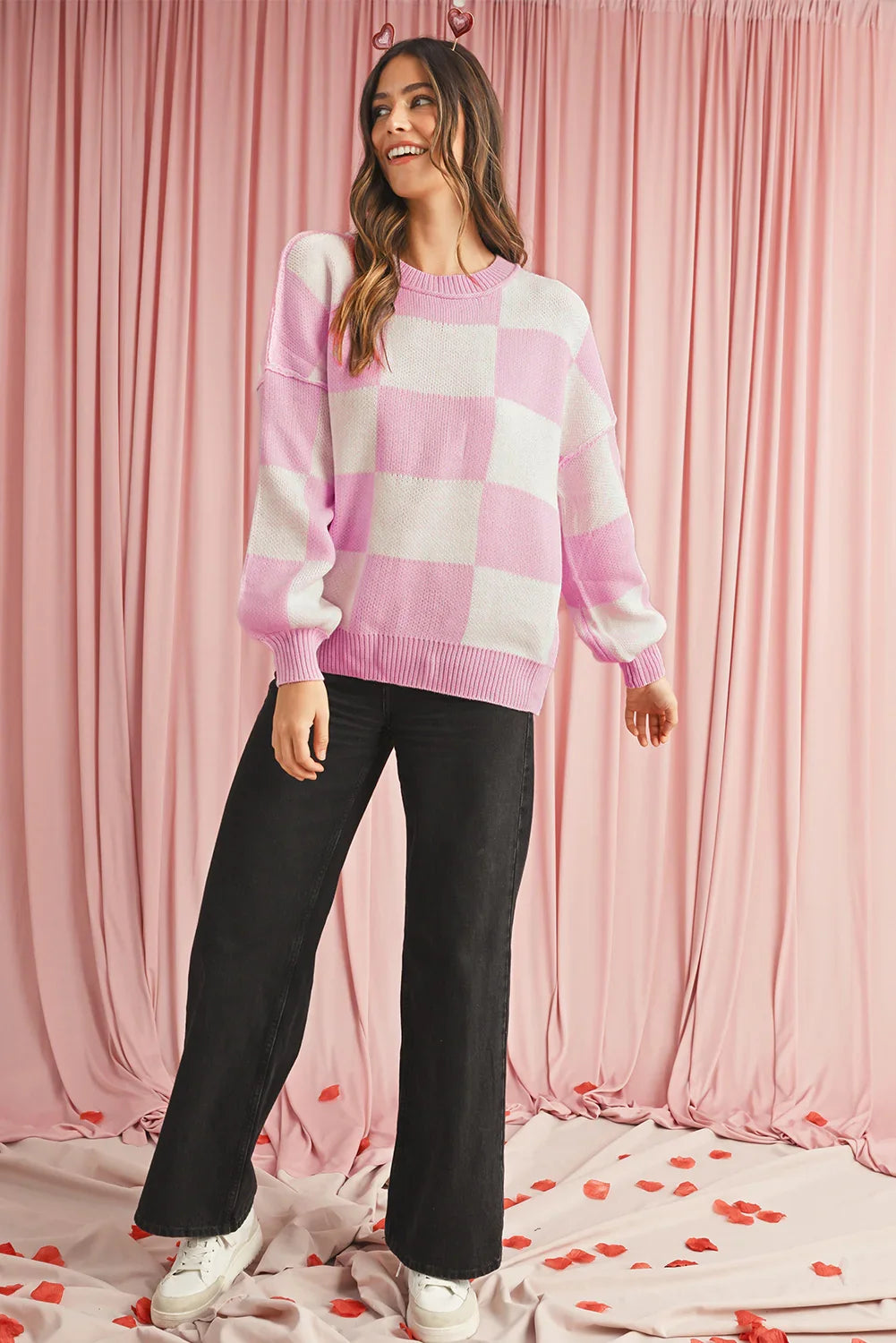 Dark Brown Plaid Bishop Sleeve Pullover Sweater