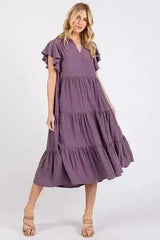 Mittoshop Ruffle Sleeve Collared V Neck Tiered Midi Dress - Femstylo