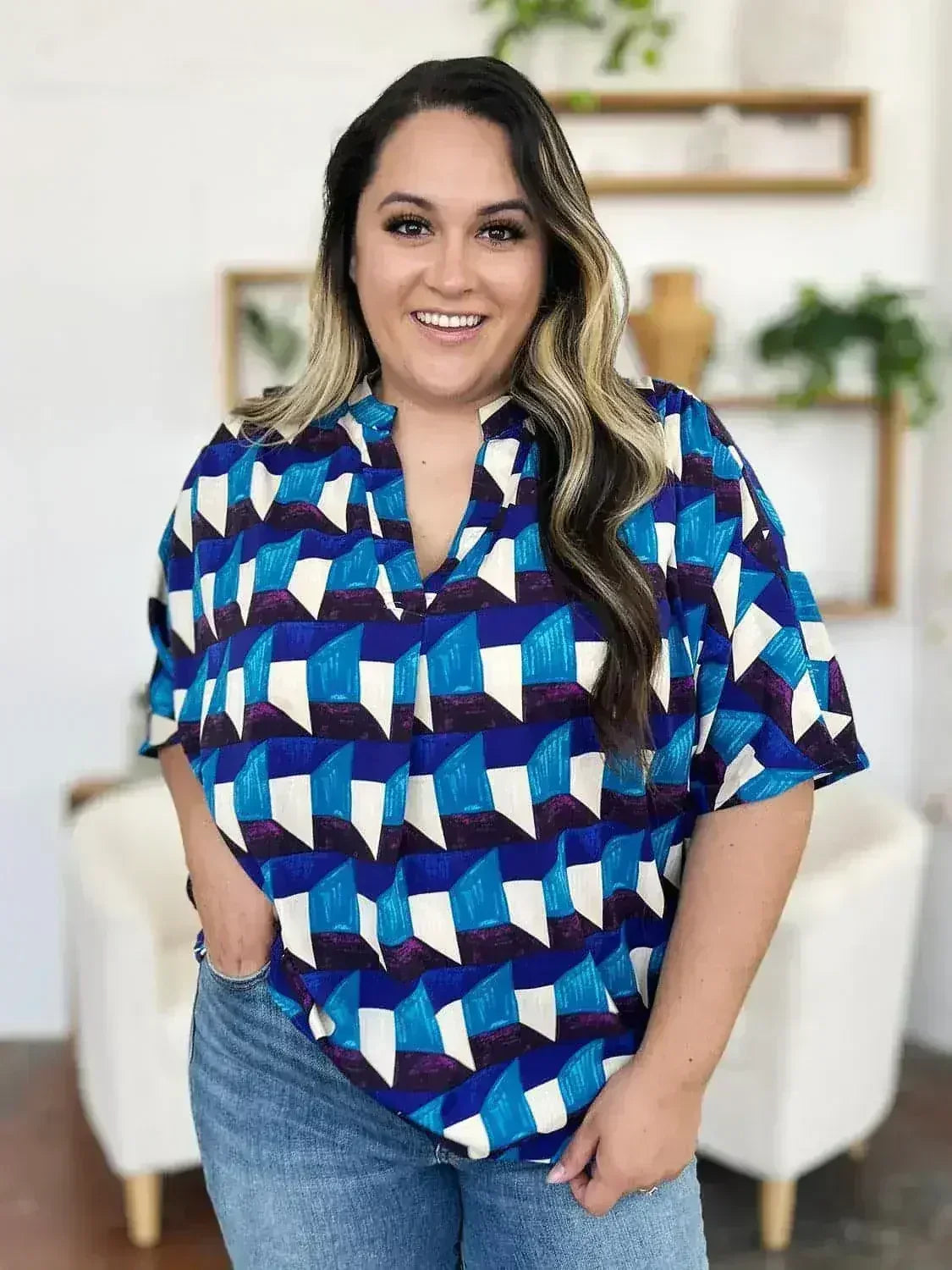 Geometric Notched Sleeve Blouse - Versatile Top | Femstylo - Femstylo