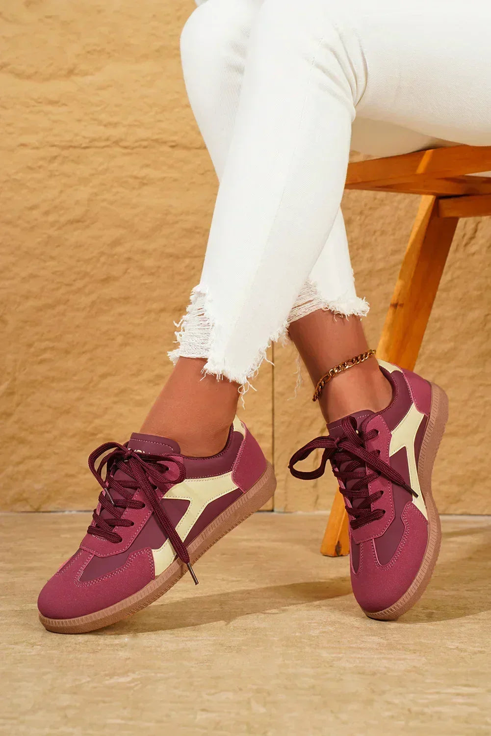 Red Colorblock Sneakers - PU Leather Lace-Ups - Cushioned Vegan Shoes