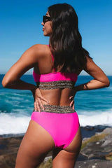 Rose Leopard Print Spaghetti Strap Padded Wireless Two Piece Swimsuit - Femstylo