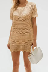 Tan Hollow Out Crochet Short Sleeve Swimsuit Cover Up - Femstylo
