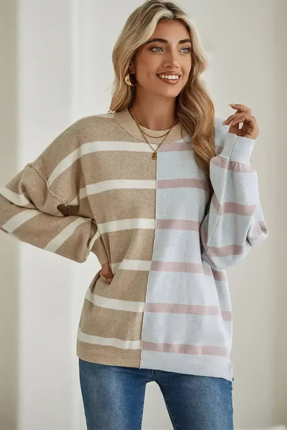 Pink Striped Patchwork Drop Shoulder Sweater - Femstylo
