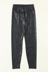Black Crossed Dip Waist Sleek Leather Leggings - Femstylo