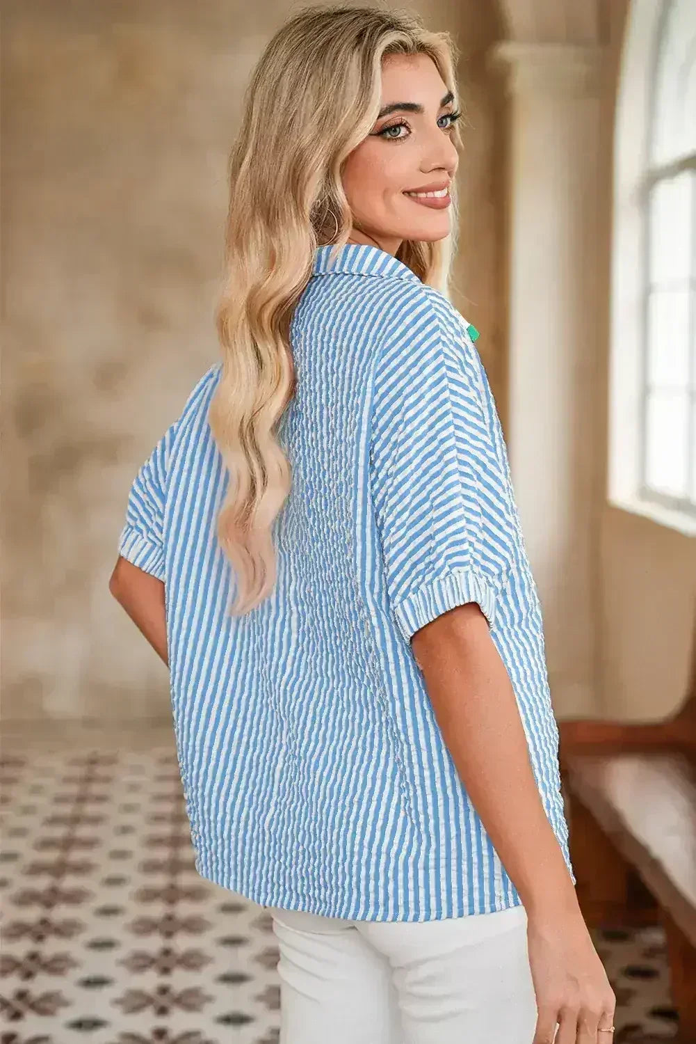 Sachet Pink Striped Dolman Sleeve Color Neckline Blouse | Femstylo - Femstylo
