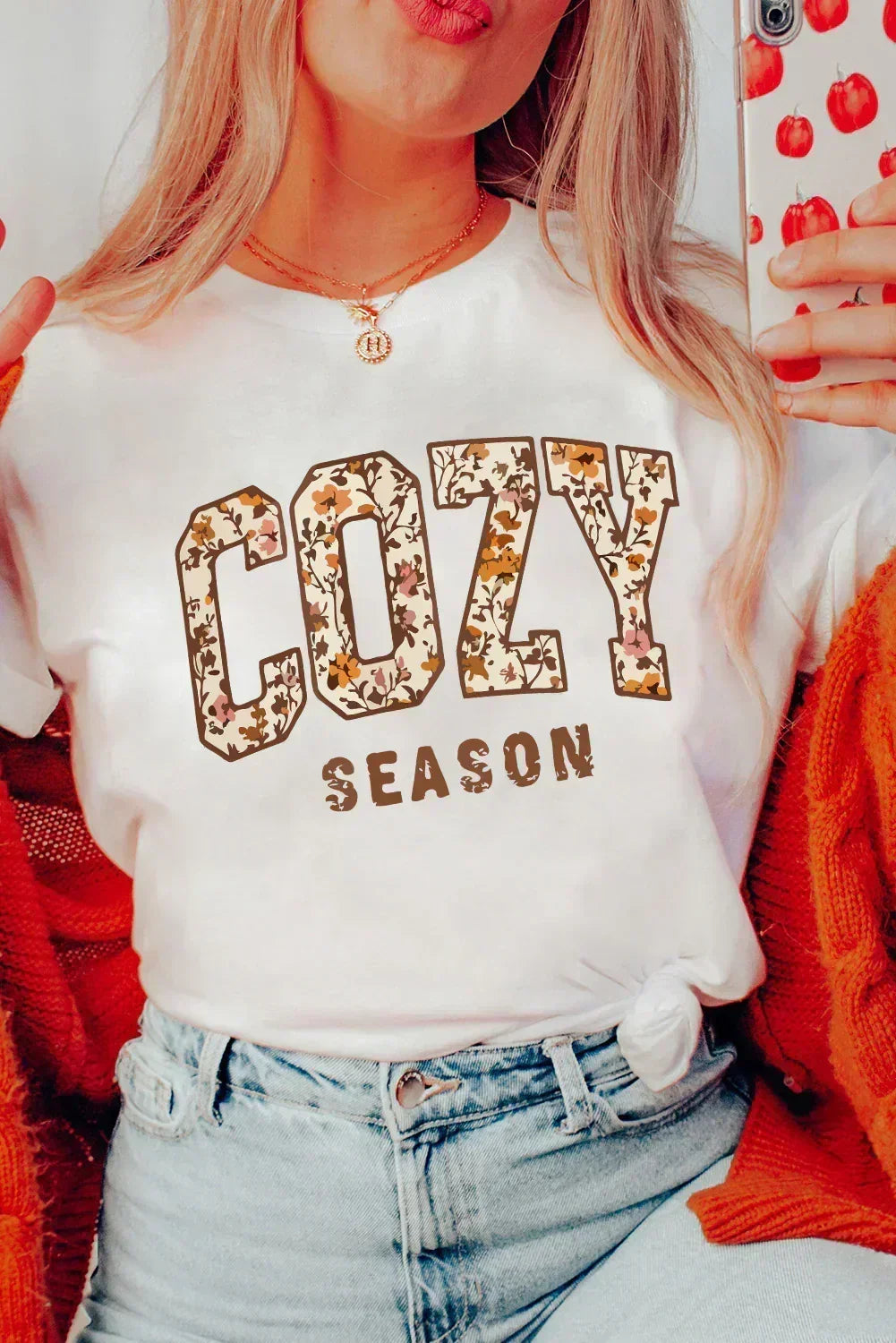 White COZY SEASON Floral Cracking Letter Graphic Tee