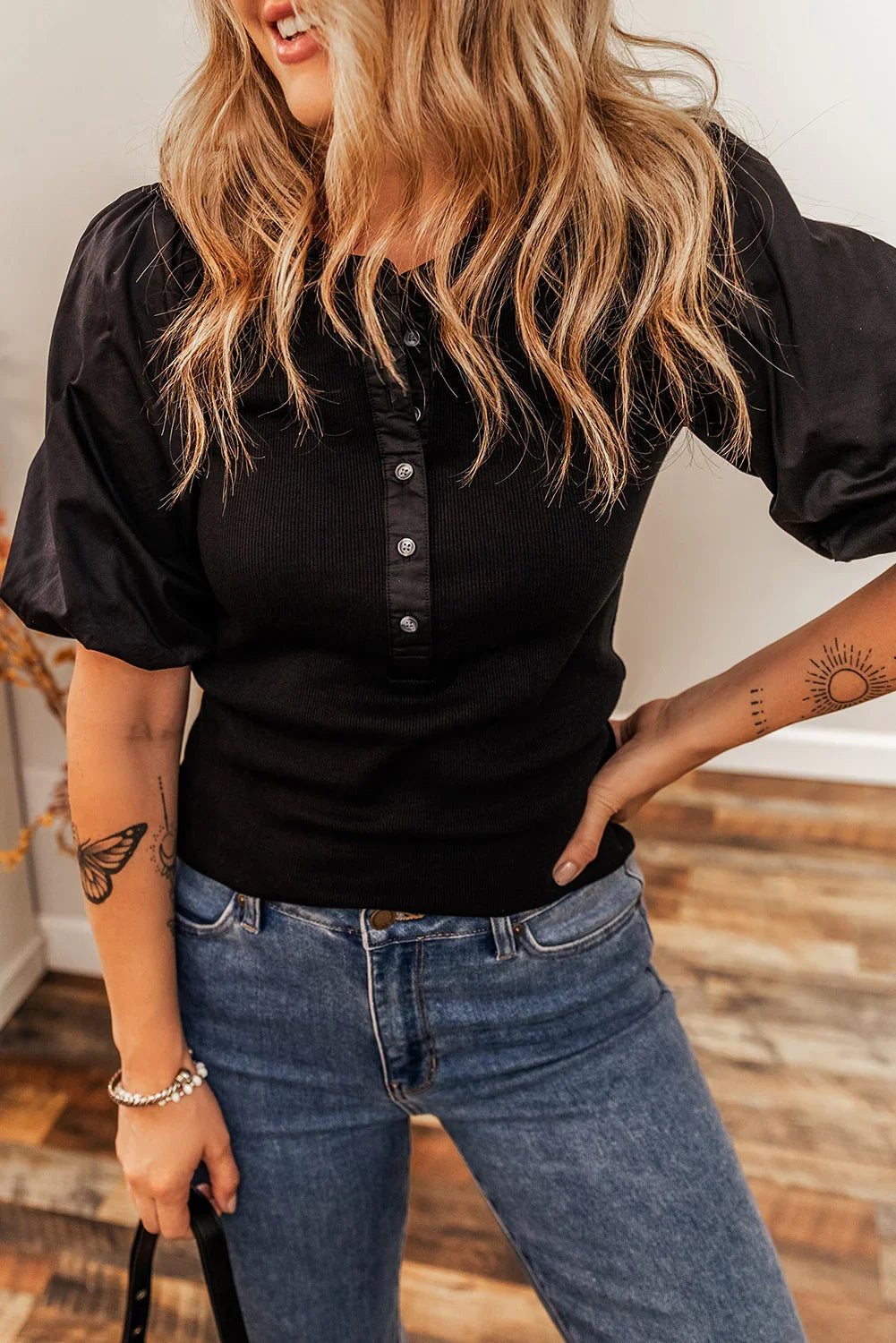 Black Ribbed Patchwork Puff Sleeve Henley Slim Fit Top