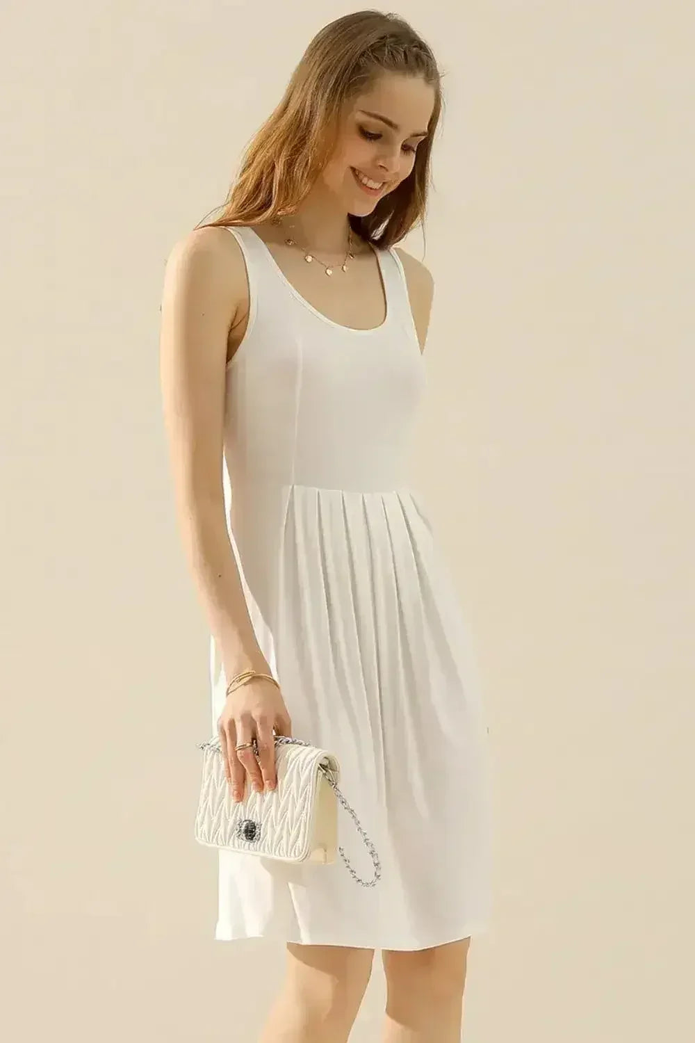 Doublju Full Size Round Neck Ruched Sleeveless Dress with Pockets - Femstylo