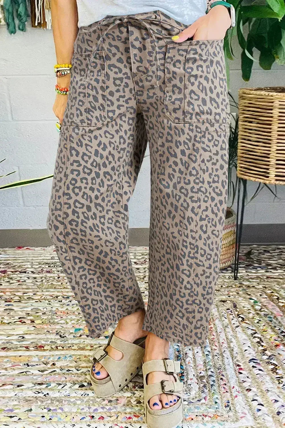Blue Leopard Print Drawstring Waist Pocketed Wide Leg Jeans - Femstylo