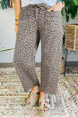 Blue Leopard Print Drawstring Waist Pocketed Wide Leg Jeans - Femstylo