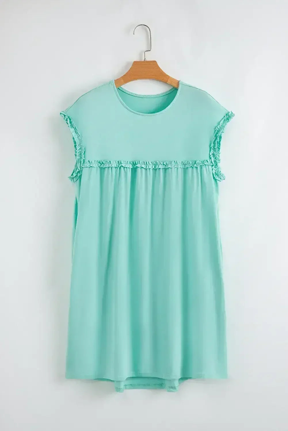 Oatmeal Frilled Trim Crewneck Loose Fit Mini Dress - Femstylo