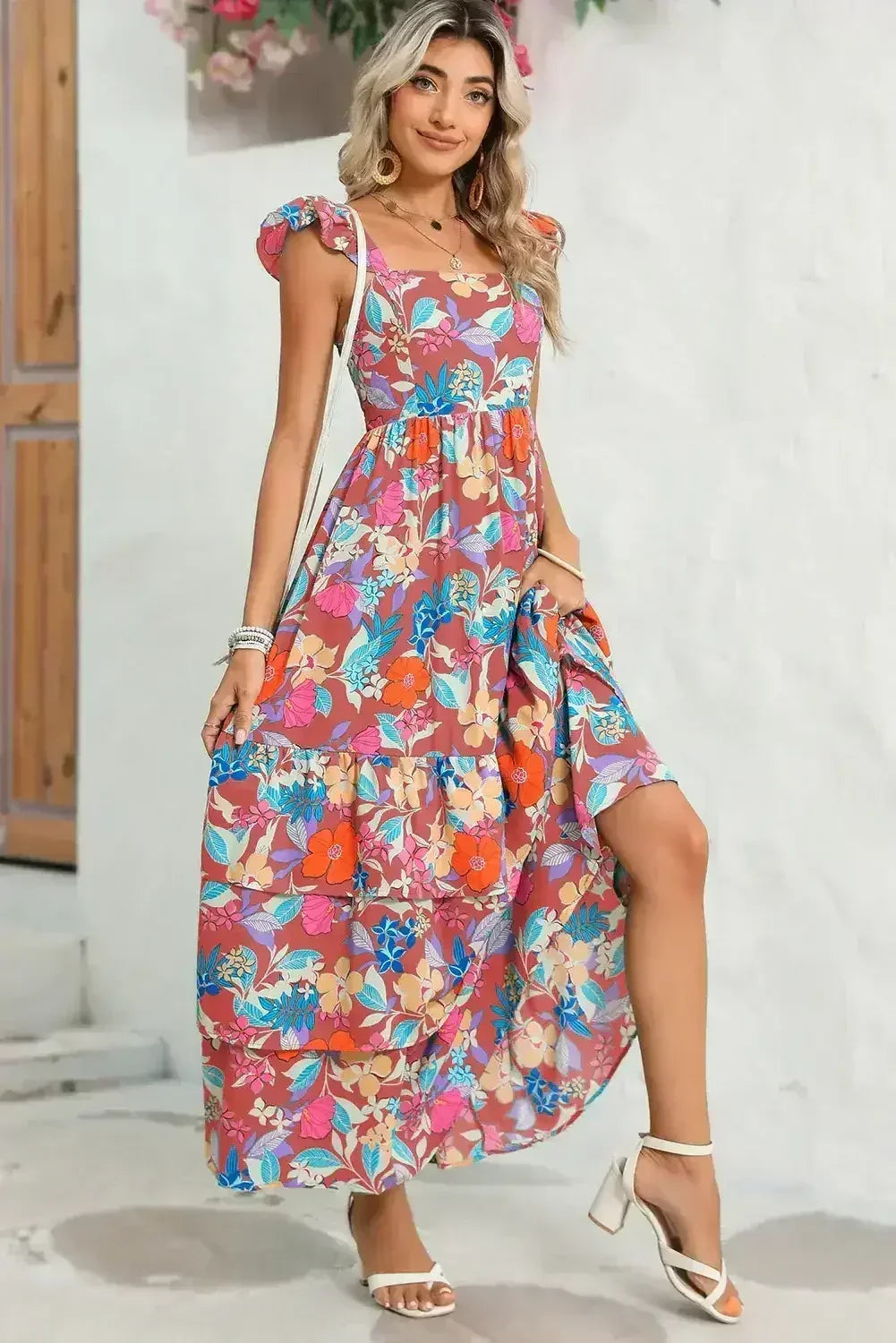 Green Boho Floral Print Ruffle Sleeveless Tiered Maxi Dress - Femstylo