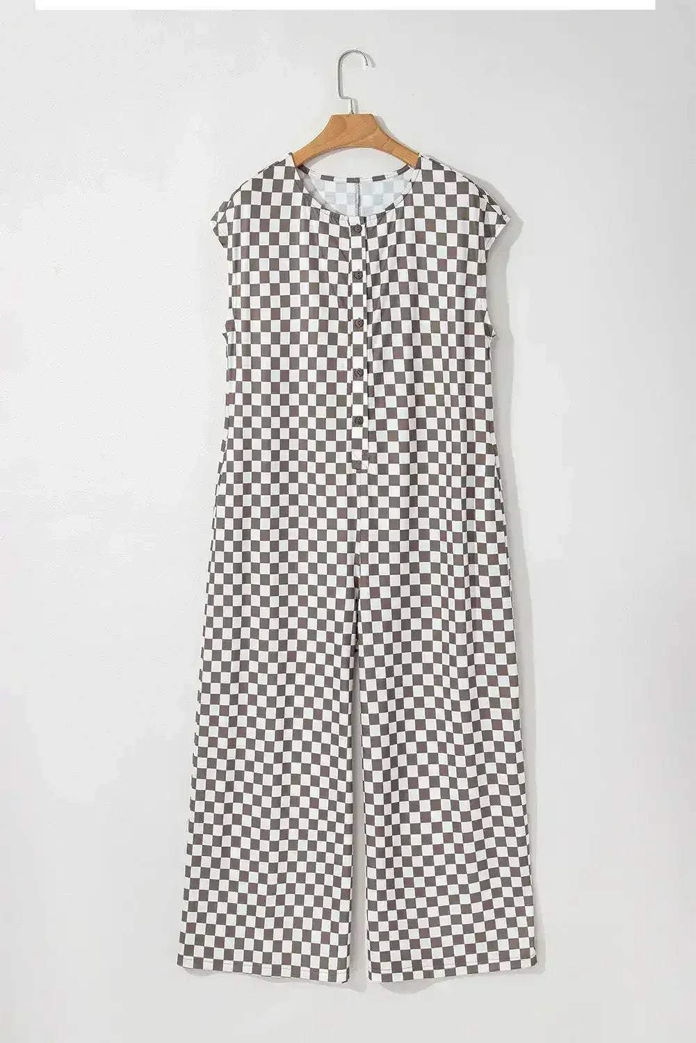 Khaki Checkered Print Buttoned Crew Neck Wide Leg Jumpsuit - Femstylo