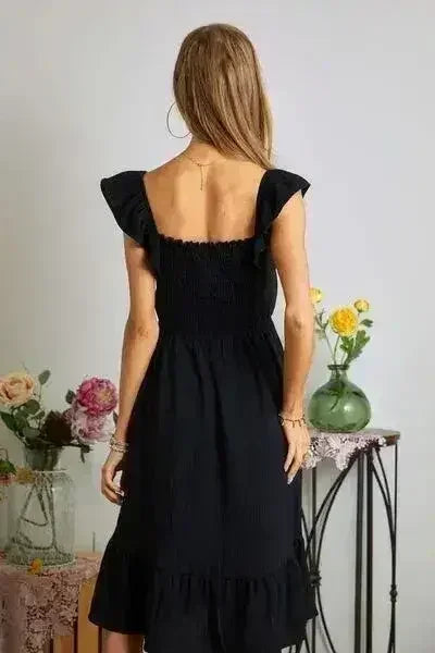 ADORA Smocked Square Neck Ruffled Cap Sleeve Dress - Femstylo