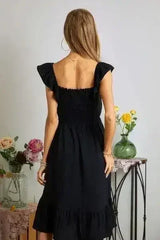 ADORA Smocked Square Neck Ruffled Cap Sleeve Dress - Femstylo
