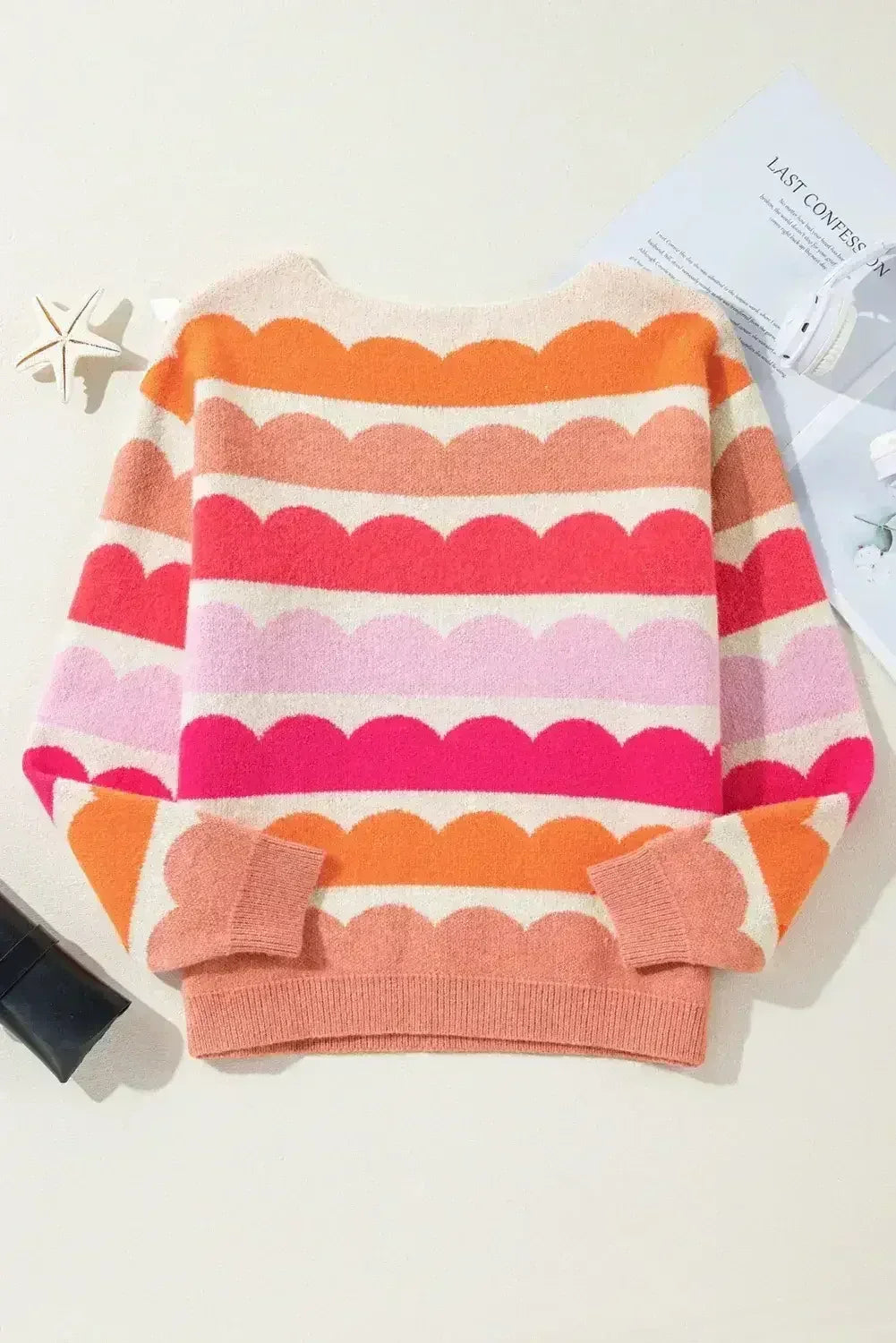 Yellow Wave Striped Balloon Sleeve Drop Shoulder Sweater - Femstylo