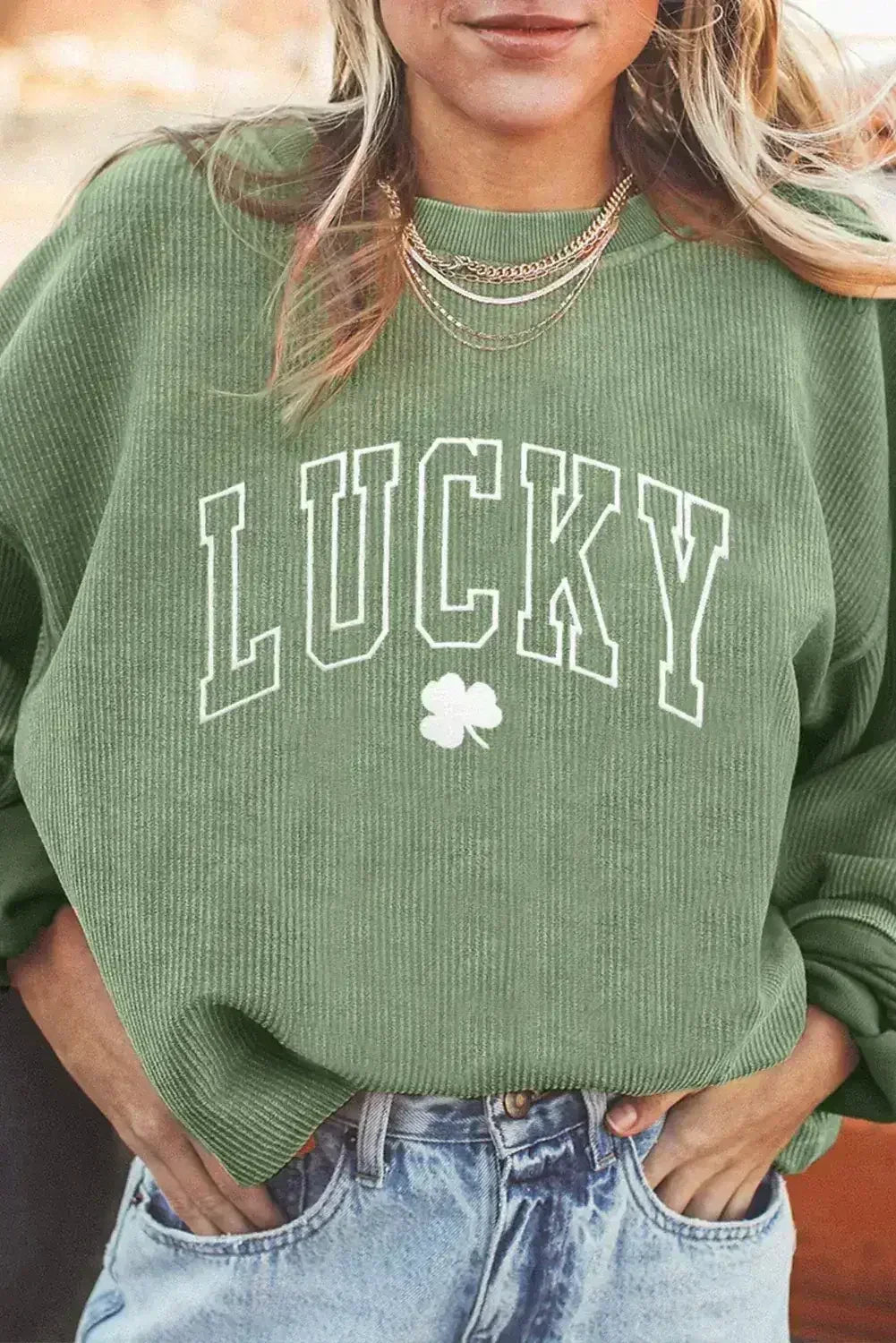 Grass Green LUCKY Clover Drop Shoulder Ribbed St Patrick Sweatshirt - Femstylo