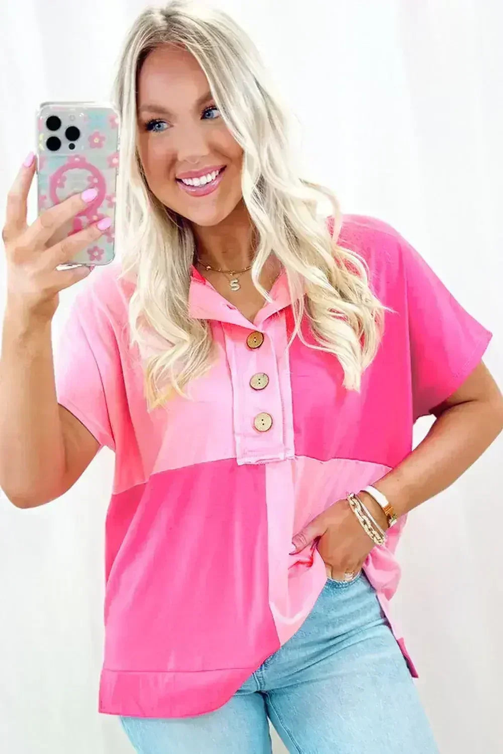 Mint Green Colorblock Half Buttons Henley T Shirt - Femstylo