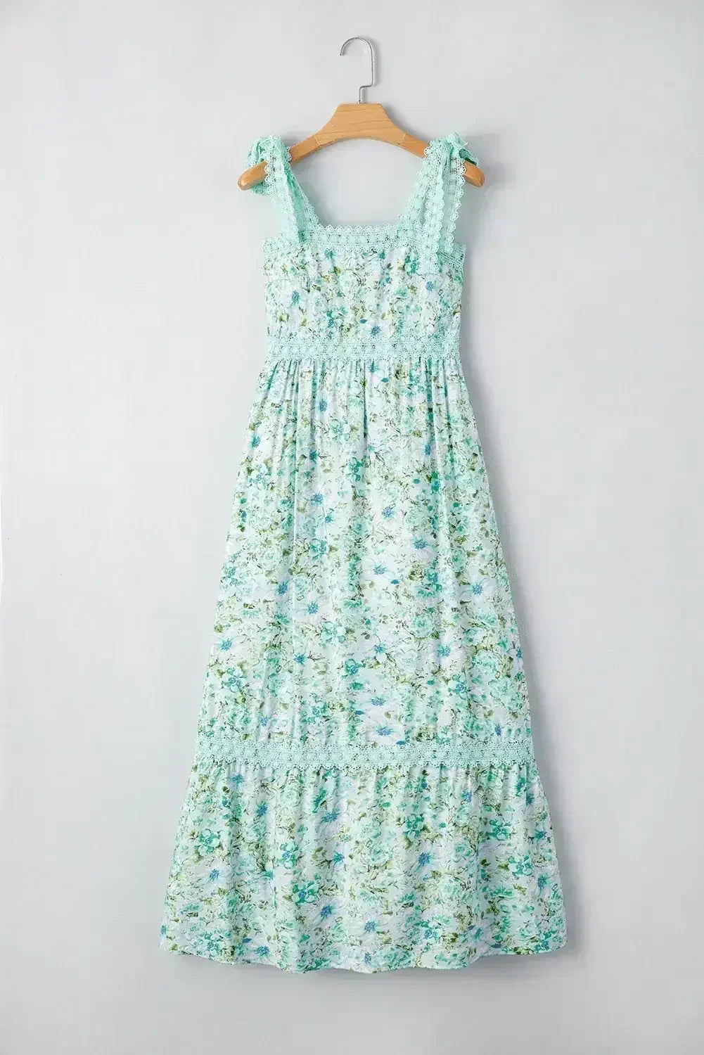 Green Floral Lace Tied Strap Empire Waist Maxi Dress - Femstylo
