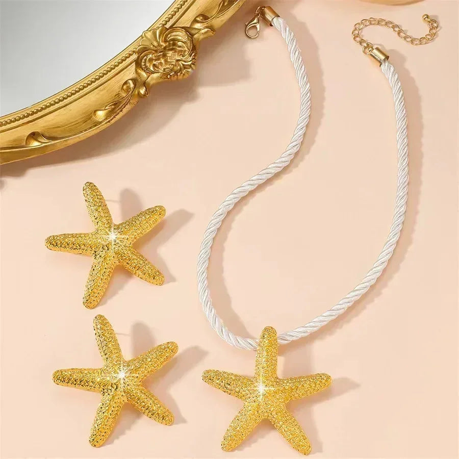 Exaggerated Boho Metal Big Starfish Star Pendant Choker Necklace Women Summer Punk White Chunky Chain Y2K Jewelry Accessories