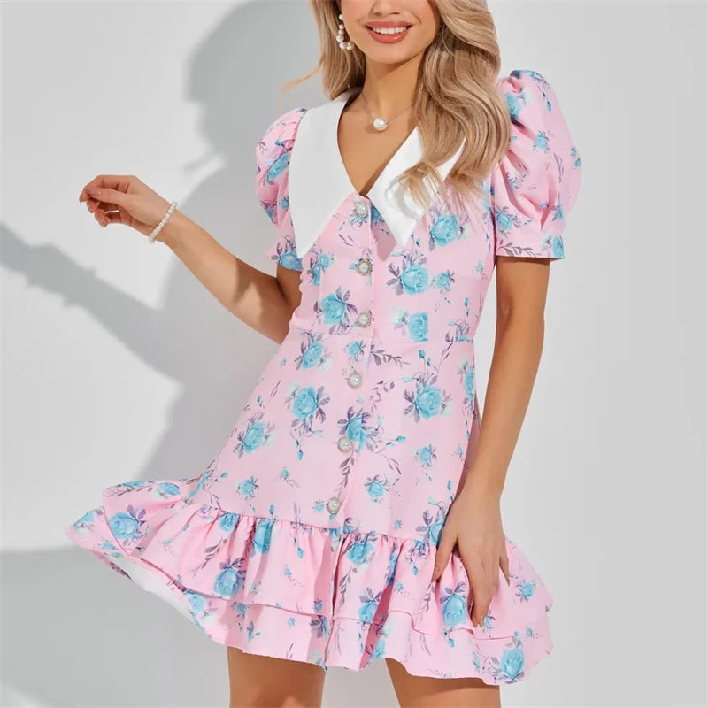 Puff Sleeve V-Neck Mini Dress | Printed Ruffled Pearl Button Dress - Femstylo