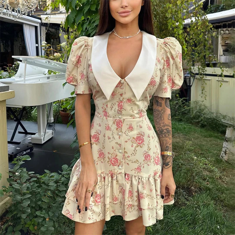 Puff Sleeve V-Neck Mini Dress | Printed Ruffled Pearl Button Dress - Femstylo