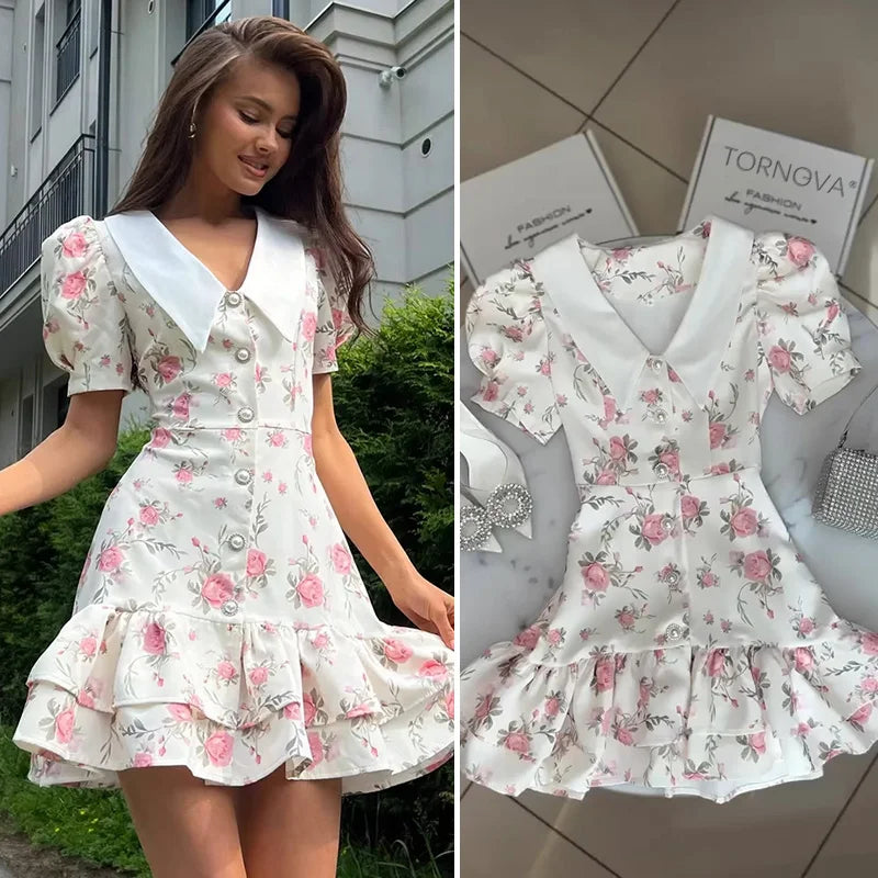 Puff Sleeve V-Neck Mini Dress | Printed Ruffled Pearl Button Dress - Femstylo