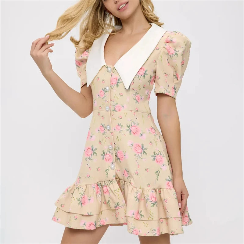Puff Sleeve V-Neck Mini Dress | Printed Ruffled Pearl Button Dress - Femstylo