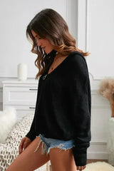Black Zipper V-neck Dropped Sleeve Hooded Sweater - Femstylo