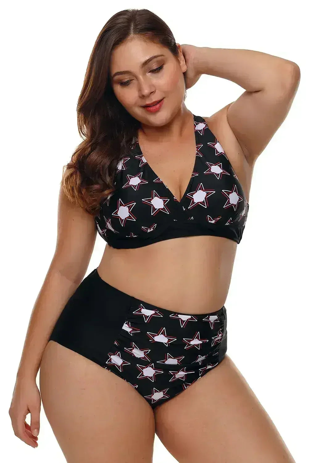 Black 2pcs Starry Plus Size High Waisted Bathing Suit - Femstylo