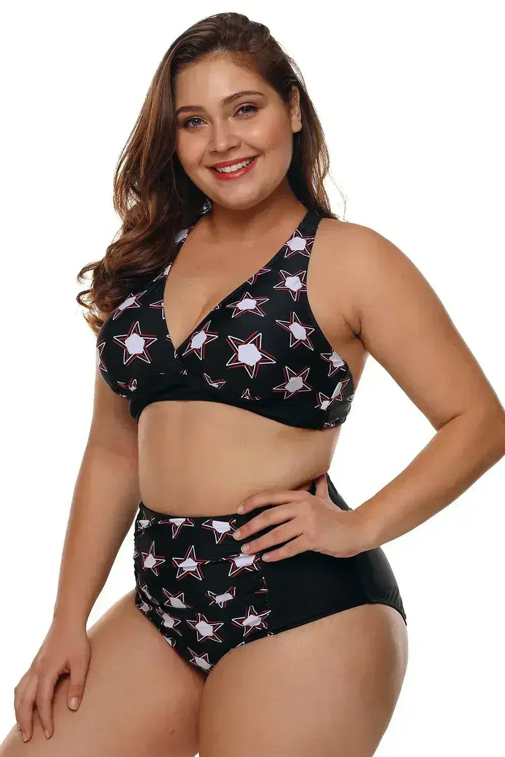 Black 2pcs Starry Plus Size High Waisted Bathing Suit - Femstylo