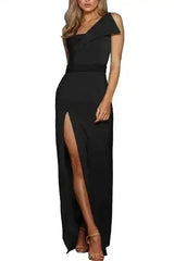 Black Asymmetric One Shoulder Floor Length Party Slit Dress - Femstylo