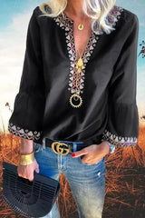 Black Boho Floral V Neck Long Sleeve Casual Top Blouses - Femstylo