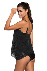 Black Lace Overlay Spaghetti Straps Tankini Swimsuit - Femstylo