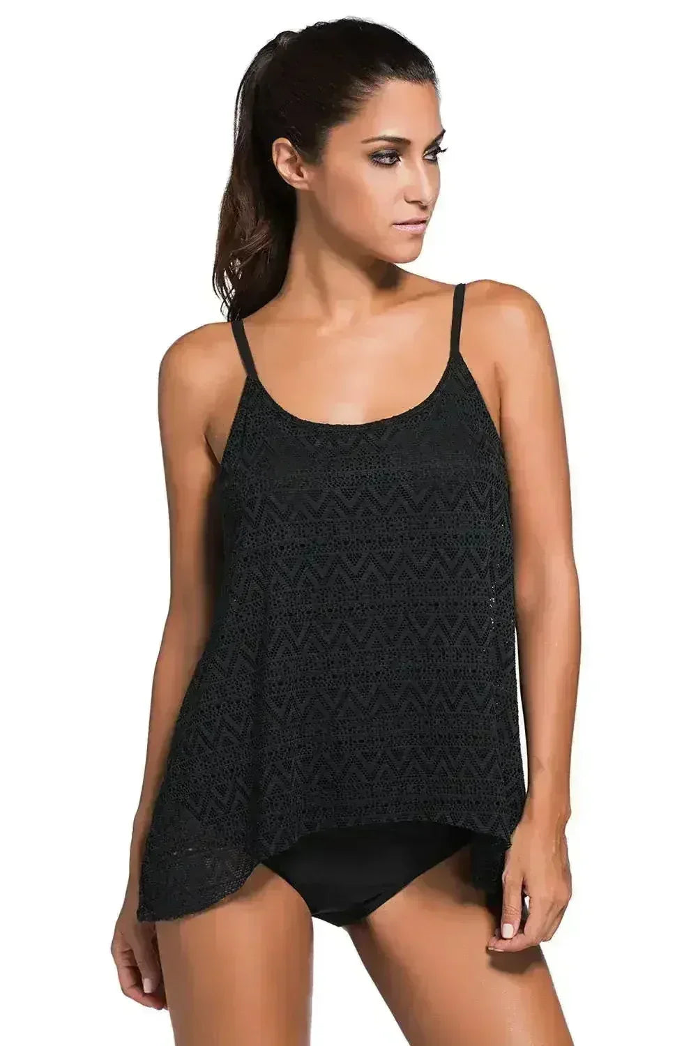 Black Lace Overlay Spaghetti Straps Tankini Swimsuit - Femstylo