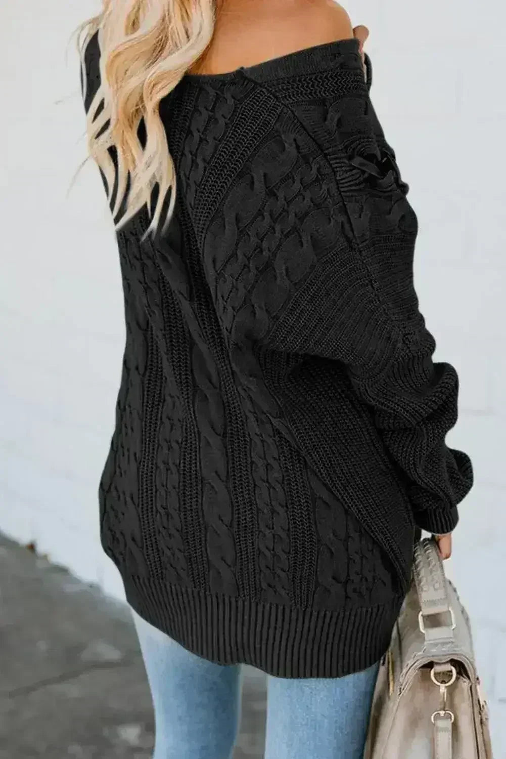 Black Love Letters Lace Up Cable Knit Sweater - Femstylo